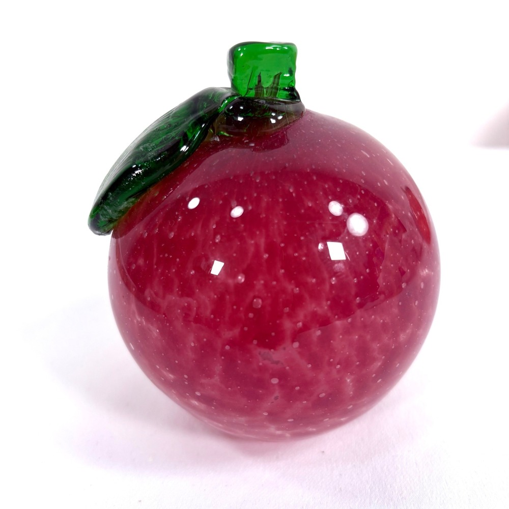 Italian Art Glass Apple Red‎ Green Stem Hand blown Murano Style MCM Fruit Decor